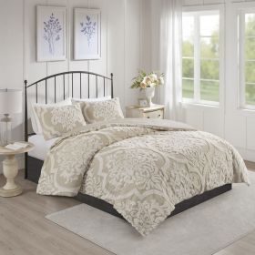 3 piece Tufted Cotton Chenille Damask Comforter Set Taupe Full/Queen