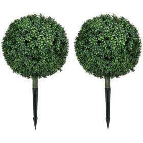 Artificial Boxwood Trees w/ Ground Stake, Set of 2 Ball Shaped Topiary Trees for Home Office & Living Room, UV Resistant