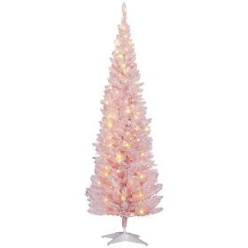 6ft Pencil Christmas Tree, Slim Artificial Christmas Tree with Realistic Branches and Warm White LED Lights, Pink (Option: Pink-810x230x240 mm)