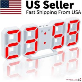 Digital 3D LED Big Wall Desk Alarm Clock Snooze 12/24 Hours Auto Brightness USB (Option: RED)