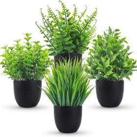4 Pack Small Fake Plants In Black Pots, Artificial Mini Plants For Bathroom, Office, Bedroom, Desk, Shelf & Home Decor (Option: Green)
