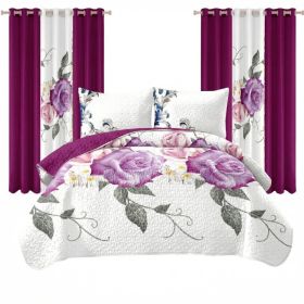 9 Piece Room In A Bag Quilt And Curtain Set, US Designer Deep Magenta Purple Rose Floral Print Heavyweight Bedspread With 6 Customizable Window P (Option: King)