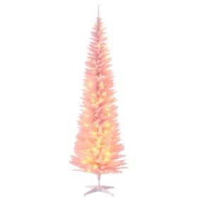 7ft Pencil Christmas Tree, Slim Artificial Christmas Tree with Realistic Branches and Warm White LED Lights, Pink (Option: Pink-910x210x210 mm)