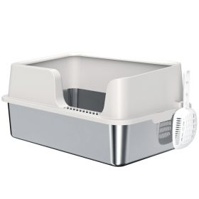 Stainless Steel Litter Box With High Side, Scoop, Easy Cleaning & Anti-Urine Leakage, For Big Cats, Light Gray (Option: Gray)