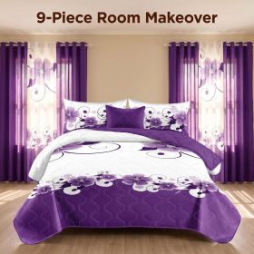 Purple White Gardenia 9 Piece Bedding Set, Washed Microfiber Bedspread with Matching Curtains and Pillowcases, Queen King Cal King (Color: Purple White Gardenia, size: KING)