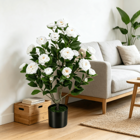 Artificial Camellia Tree Faux Flower Plant Cement-Filled Pot Durable Fake Camellia for Home Decor (Color: White)