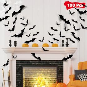 100Pcs Halloween Bat Wall Decor Stickers - 3D Black PVC Bat Decals For Spooky Indoor & Outdoor Party Decor (Option: BLACK)